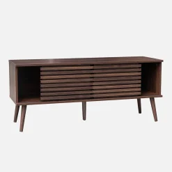 Mueble TV escandinavo 2 puertas con decoración madera acanalada, 120cm