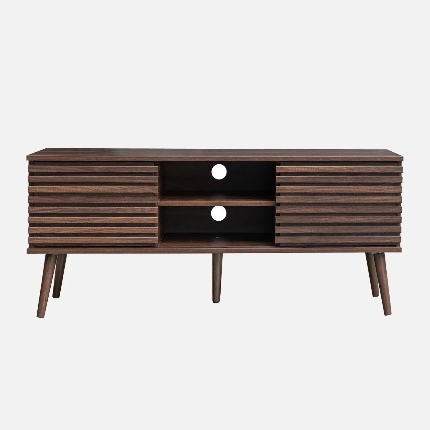 Mueble TV escandinavo 2 puertas con decoración madera acanalada, 120cm