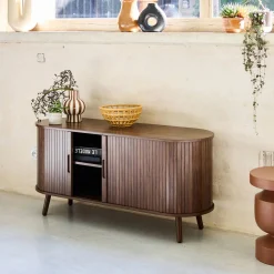 Mueble TV escandinavo con 2 puertas correderas acanaladas efecto madera, 120cm