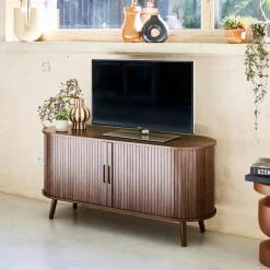 Mueble TV escandinavo con 2 puertas correderas acanaladas efecto madera, 120cm