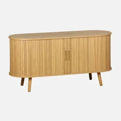Mueble TV escandinavo con 2 puertas correderas acanaladas efecto madera, 120cm