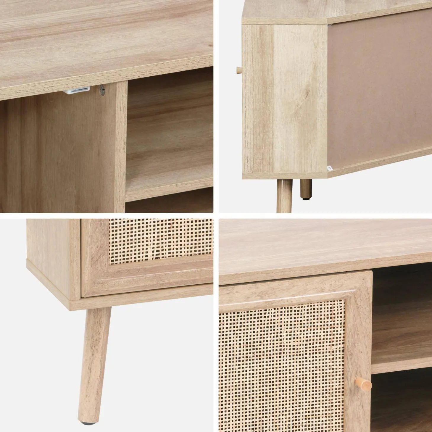 Mueble TV esquinero, madera y caña, 2 puertas, 1 estante, 115cm