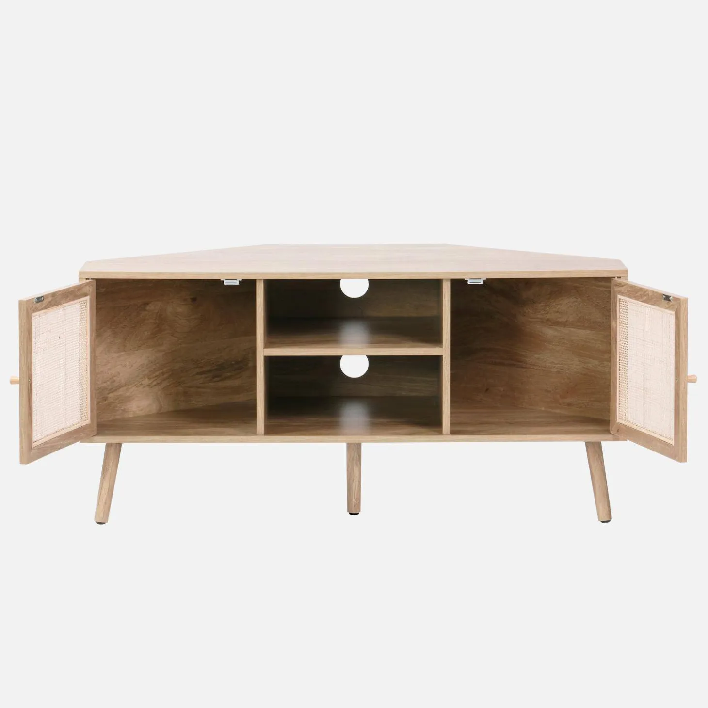 Mueble TV esquinero, madera y caña, 2 puertas, 1 estante, 115cm
