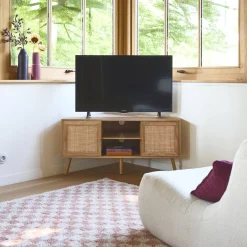 Mueble TV esquinero, madera y caña, 2 puertas, 1 estante, 115cm