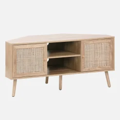 Mueble TV esquinero, madera y caña, 2 puertas, 1 estante, 115cm