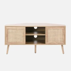 Mueble TV esquinero, madera y caña, 2 puertas, 1 estante, 115cm