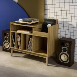 Mueble vinilo vintage con decoración madera, 100cm