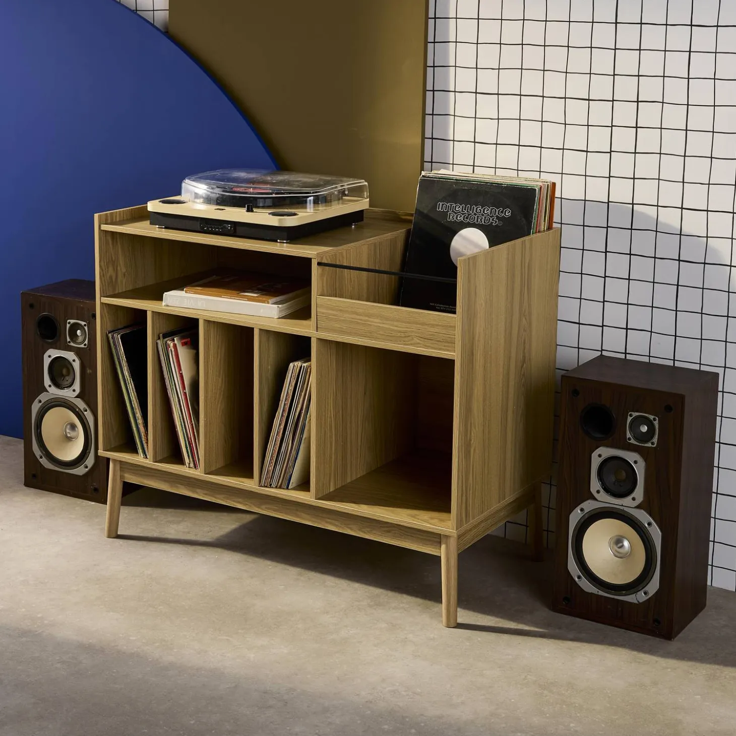 Mueble vinilo vintage con decoración madera, 100cm