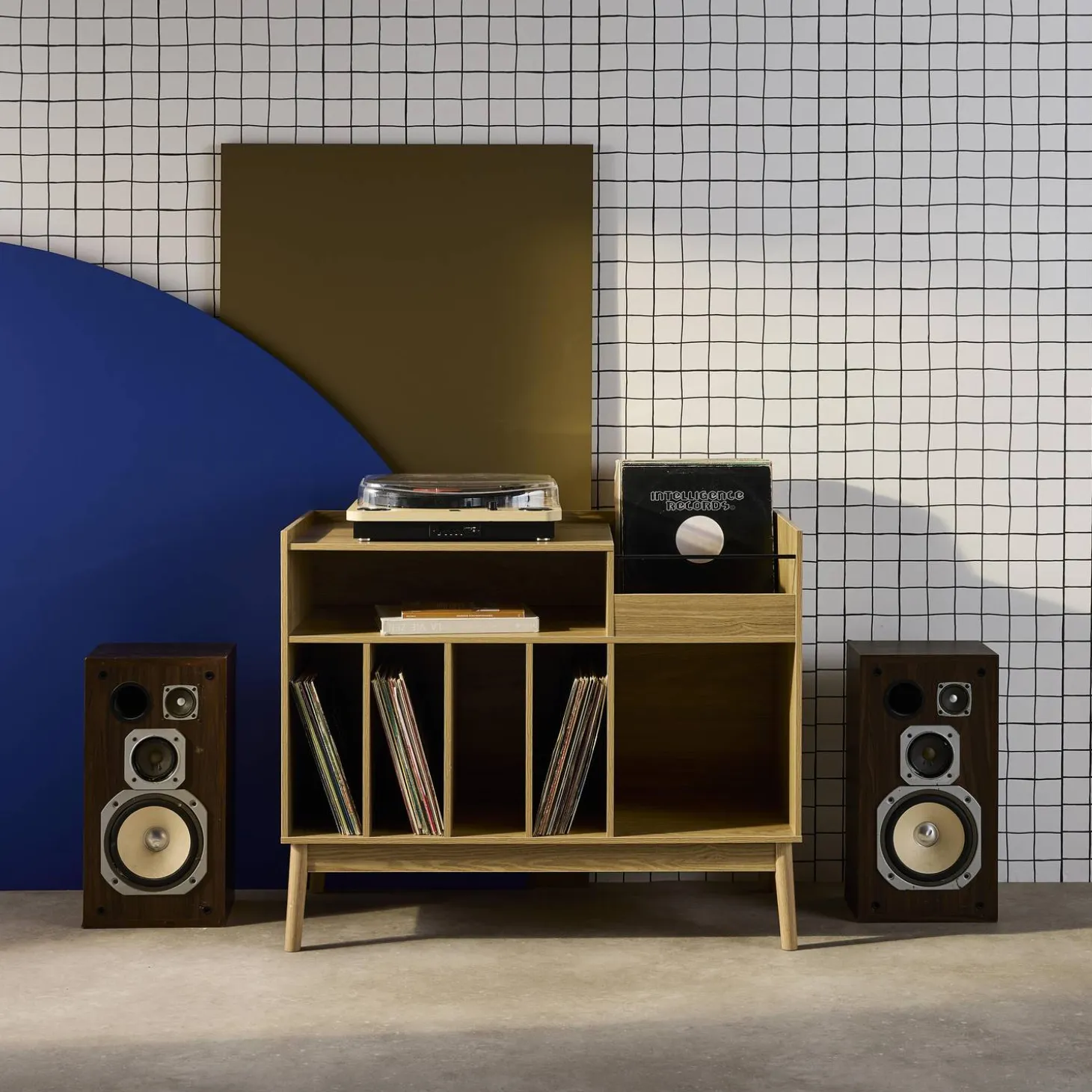 Mueble vinilo vintage con decoración madera, 100cm