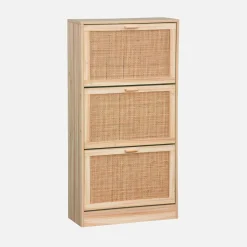 Mueble zapatero de 3 puertas con decoración de caña y madera