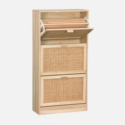 Mueble zapatero de 3 puertas con decoración de caña y madera