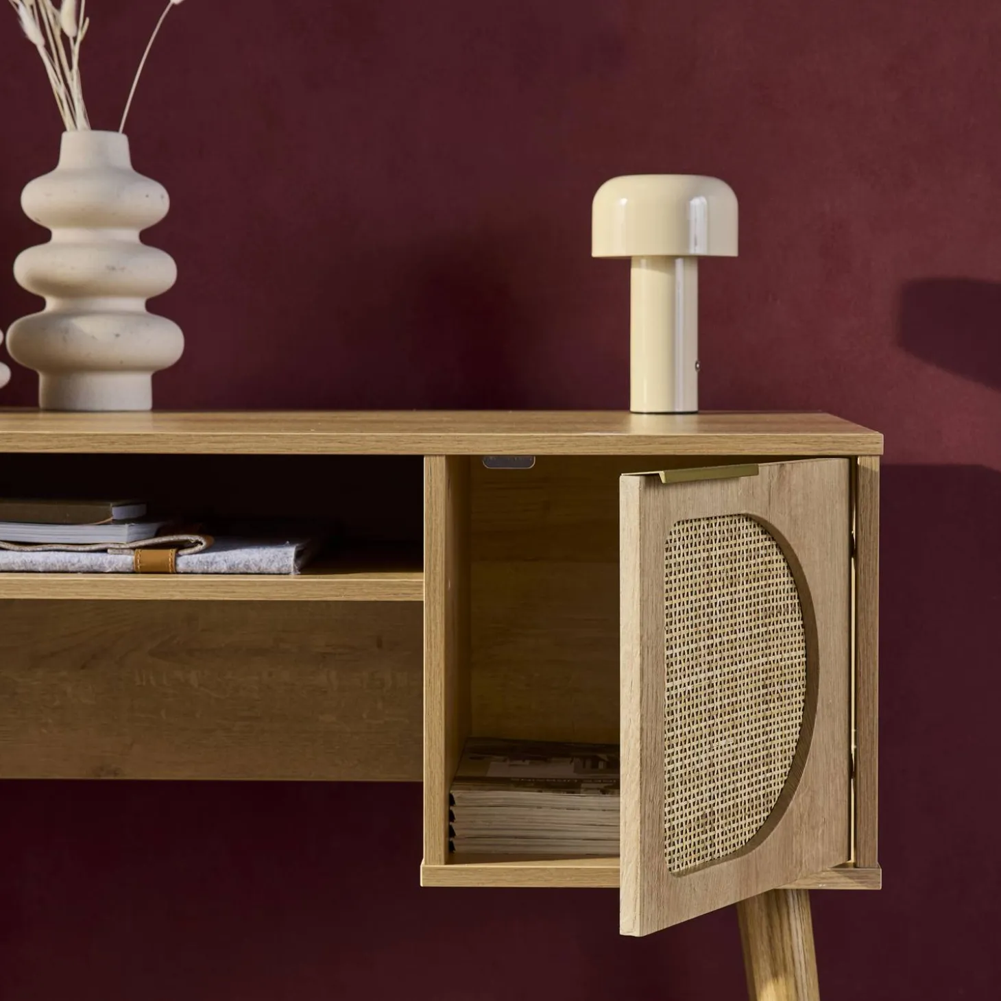 Oficina efecto madera y mimbre, 2 cajones