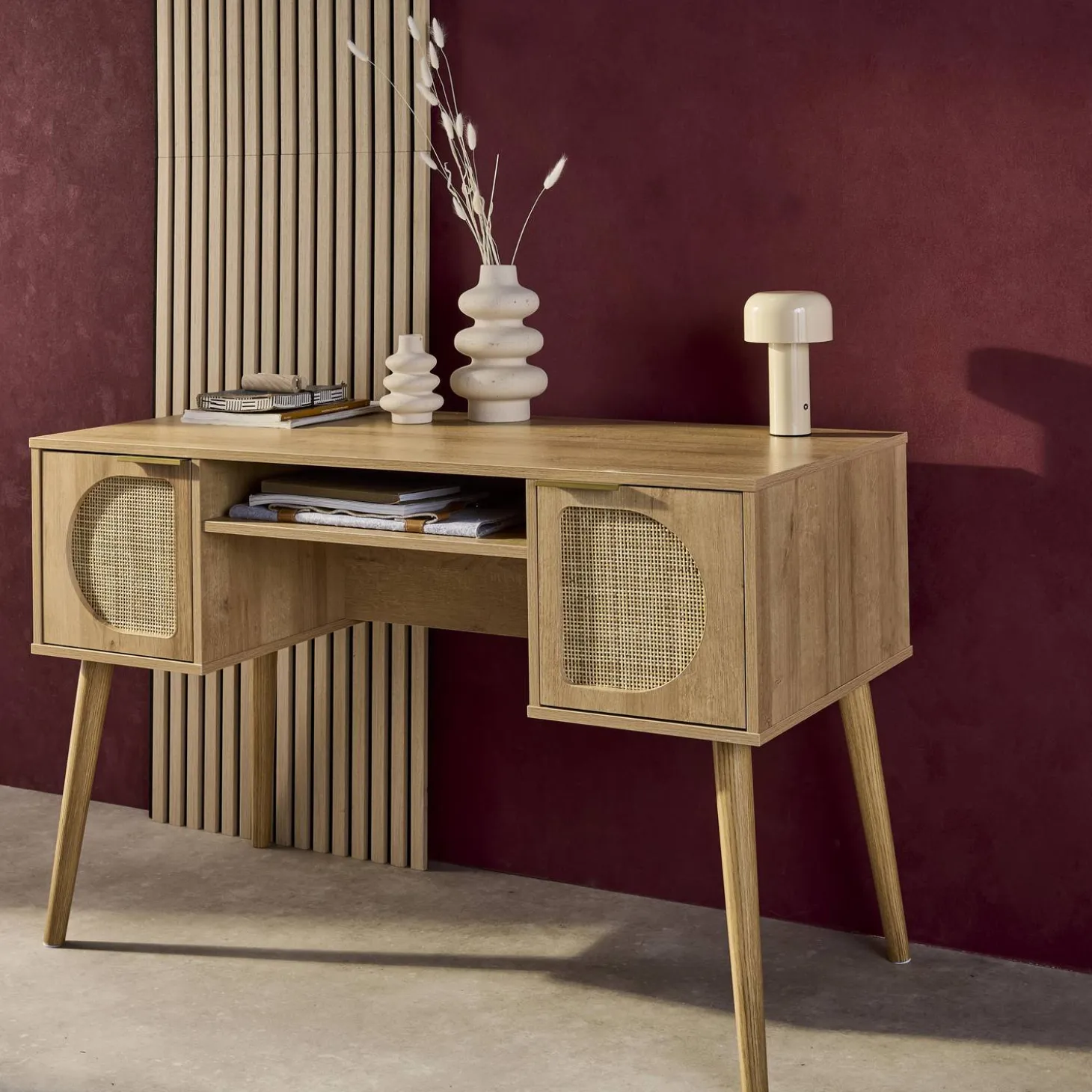 Oficina efecto madera y mimbre, 2 cajones