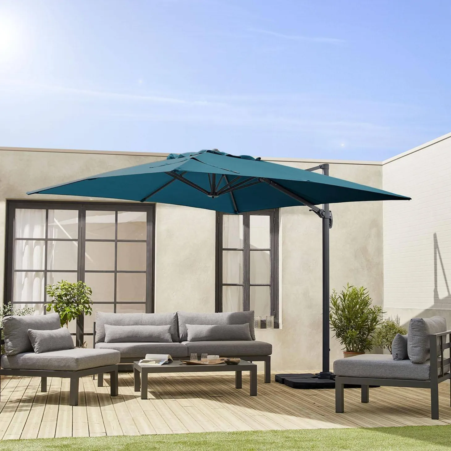 Parasol cuadrado excéntrico, 3x3m + placas de lastre 50x50cm