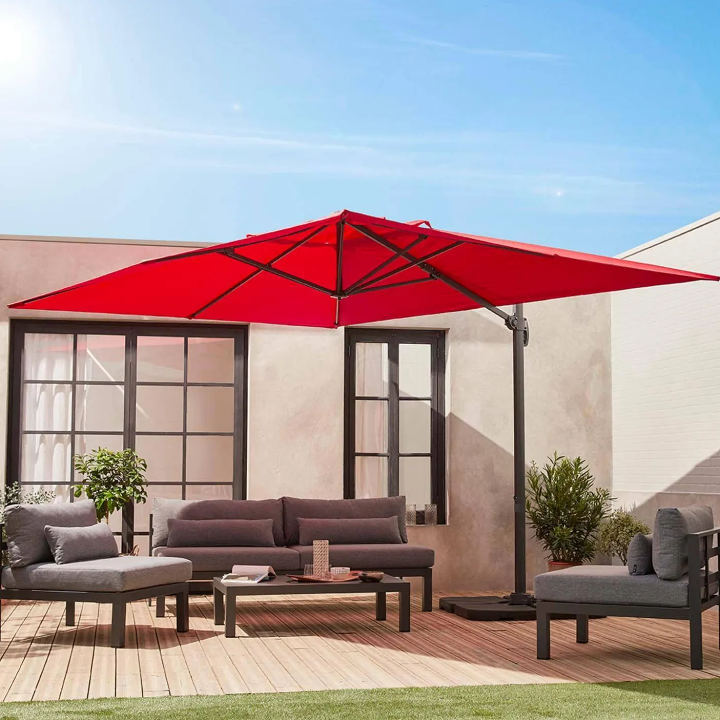 Parasol rectangular excéntrico, 3x4m + losas 50x50cm