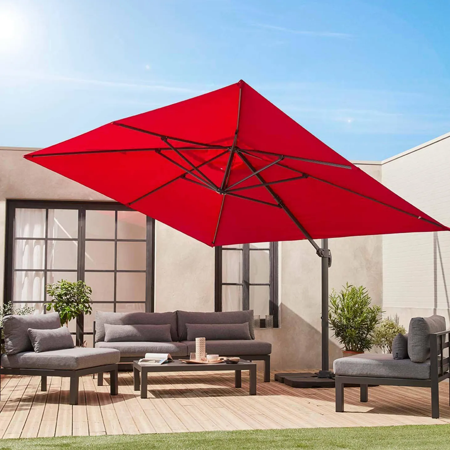 Parasol rectangular excéntrico, 3x4m + losas 50x50cm