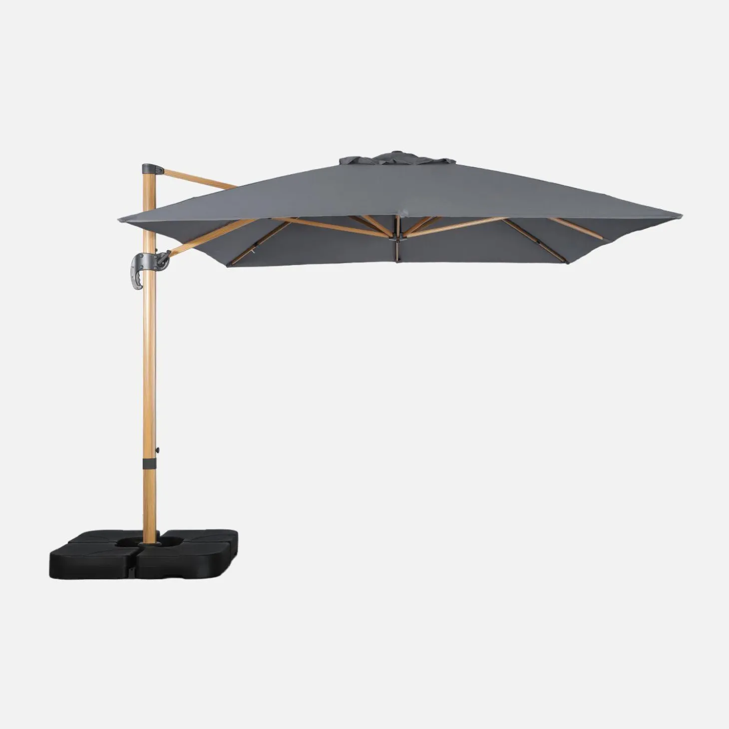 Parasol rectangular excéntrico poste efecto madera, 3x4m + placas de lastre 50x50cm