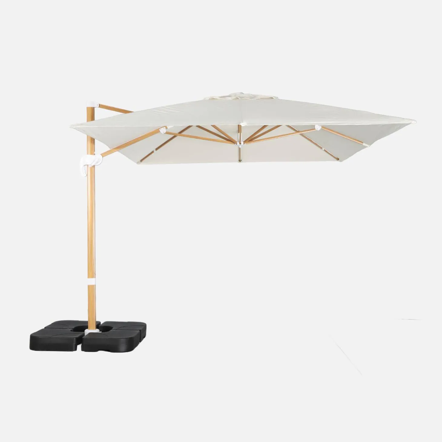 Parasol rectangular excéntrico poste efecto madera, 3x4m + placas de lastre 50x50cm