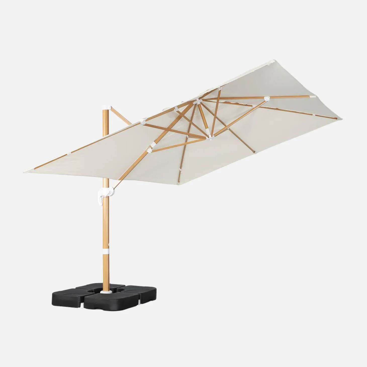 Parasol rectangular excéntrico poste efecto madera, 3x4m + placas de lastre 50x50cm