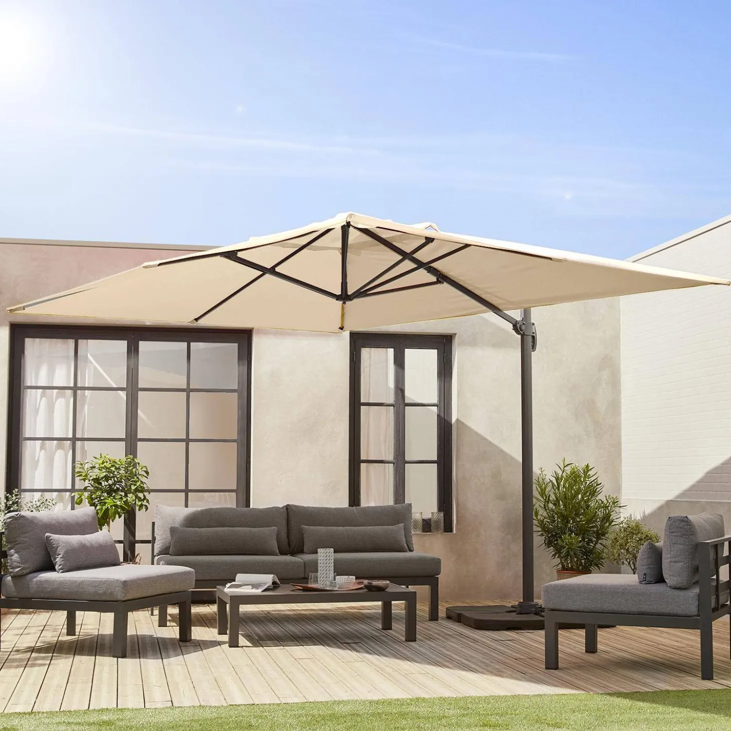 Parasol rectangular excéntrico, 3x4m + losas 50x50cm