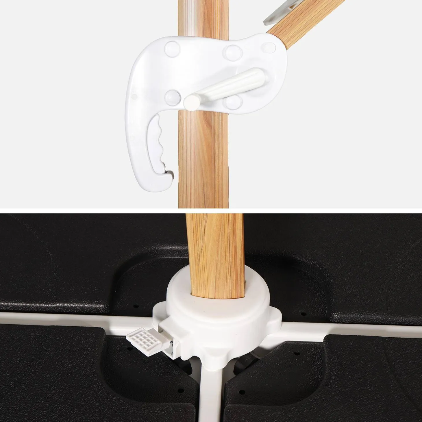 Parasol rectangular excéntrico poste efecto madera, 3x4m + placas de lastre 50x50cm