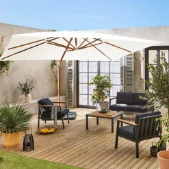 Parasol rectangular excéntrico poste efecto madera, 3x4m + placas de lastre 50x50cm