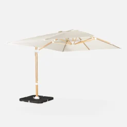 Parasol rectangular excéntrico poste efecto madera, 3x4m + placas de lastre 50x50cm