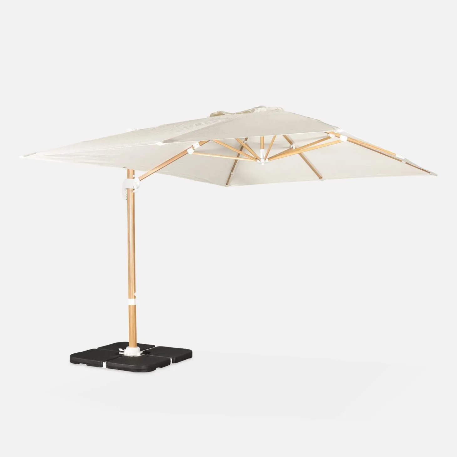 Parasol rectangular excéntrico poste efecto madera, 3x4m + placas de lastre 50x50cm