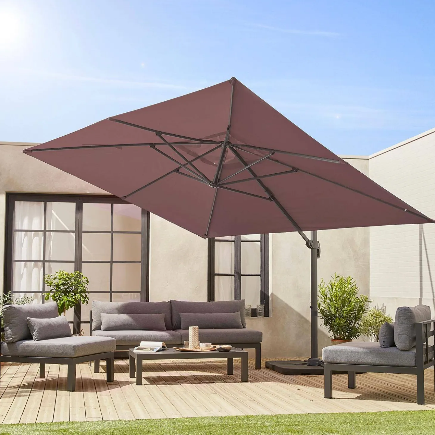 Parasol rectangular excéntrico, 3x4m + losas 50x50cm