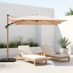 Parasol rectangular excéntrico poste efecto madera, 3x3m + losas 50x50cm