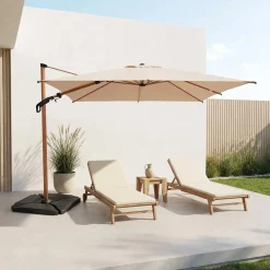 Parasol rectangular excéntrico poste efecto madera, 3x4m + losas