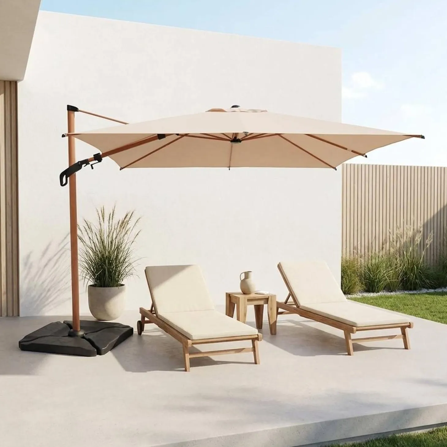 Parasol rectangular excéntrico poste efecto madera, 3x4m + losas