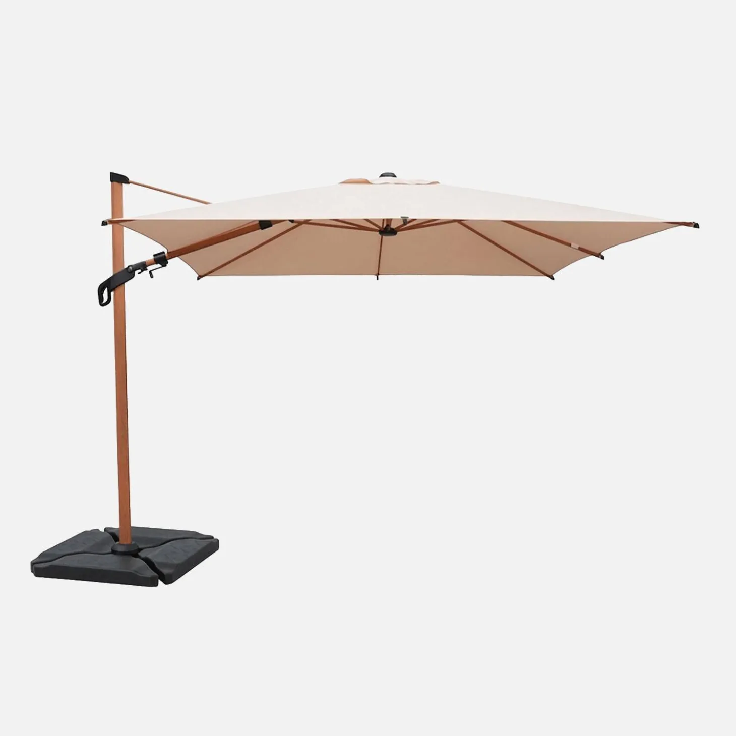 Parasol rectangular excéntrico poste efecto madera, 3x4m + losas