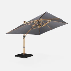Parasol rectangular excéntrico poste efecto madera, 3x4m + placas de lastre 50x50cm