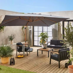 Parasol rectangular excéntrico poste efecto madera, 3x4m + placas de lastre 50x50cm
