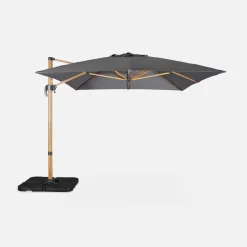 Parasol rectangular excéntrico poste efecto madera, 3x4m + placas de lastre 50x50cm