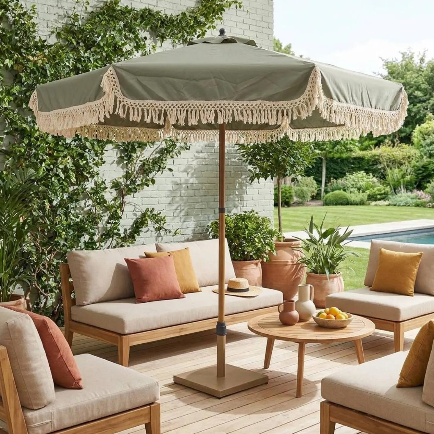 Parasol redondo recta con flecos, Ø2m