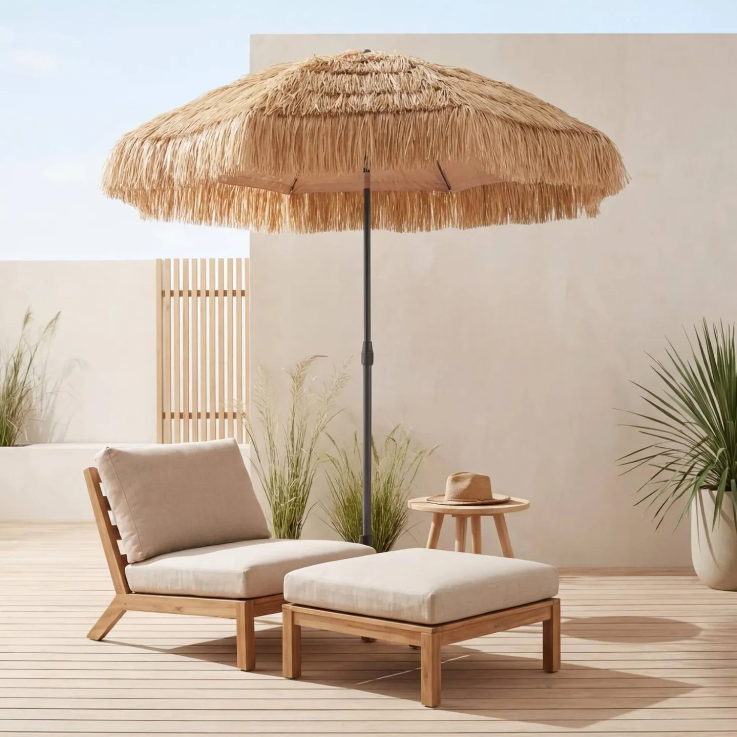Parasol redondo recta exótica, Ø2m + acero efecto madera y paja