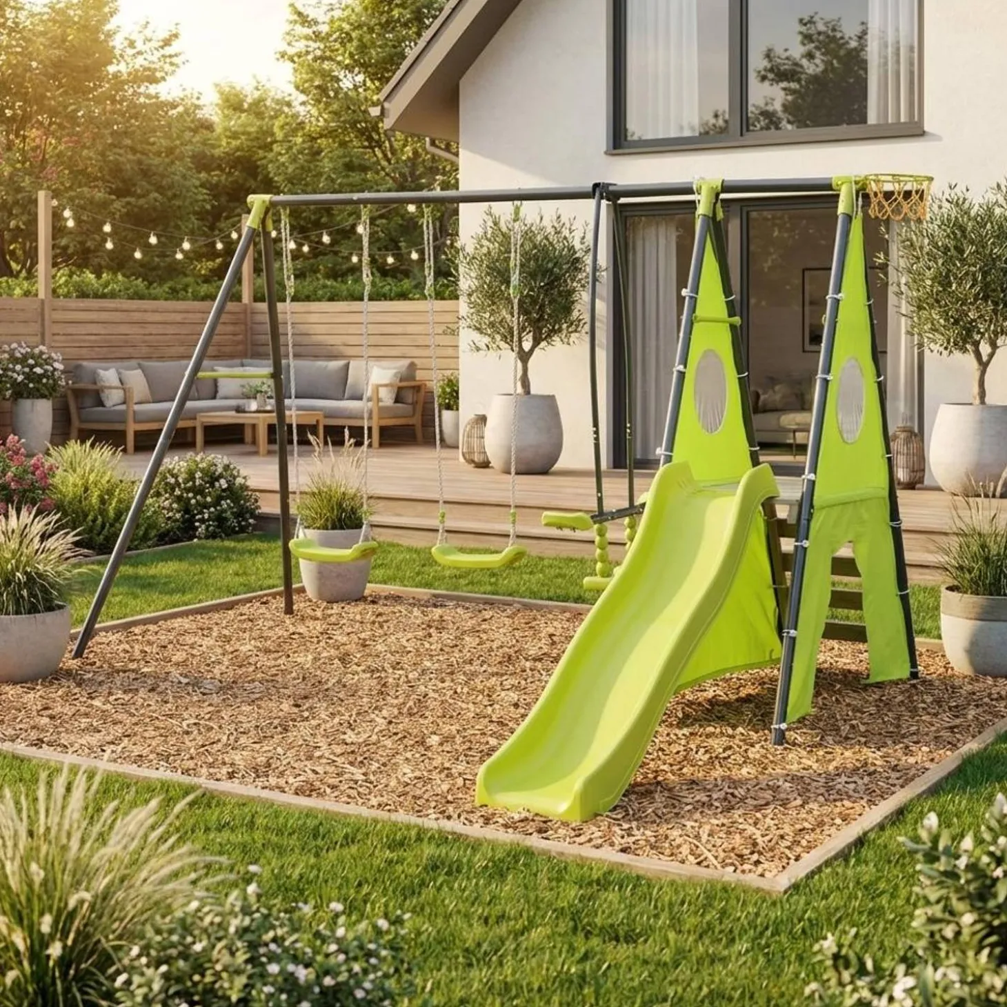 Parque infantil con columpio y tobogán