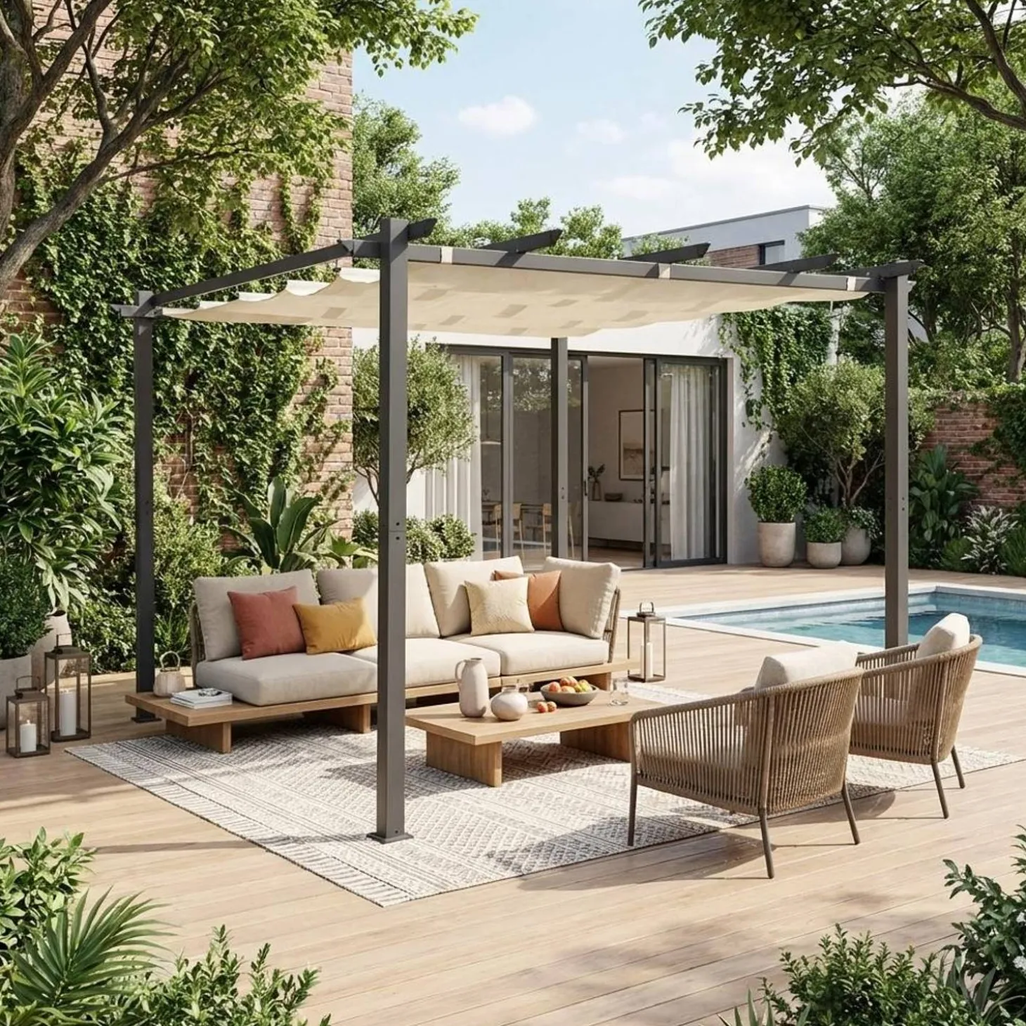 Pergola, aluminio, 3x3m, tela deslizante