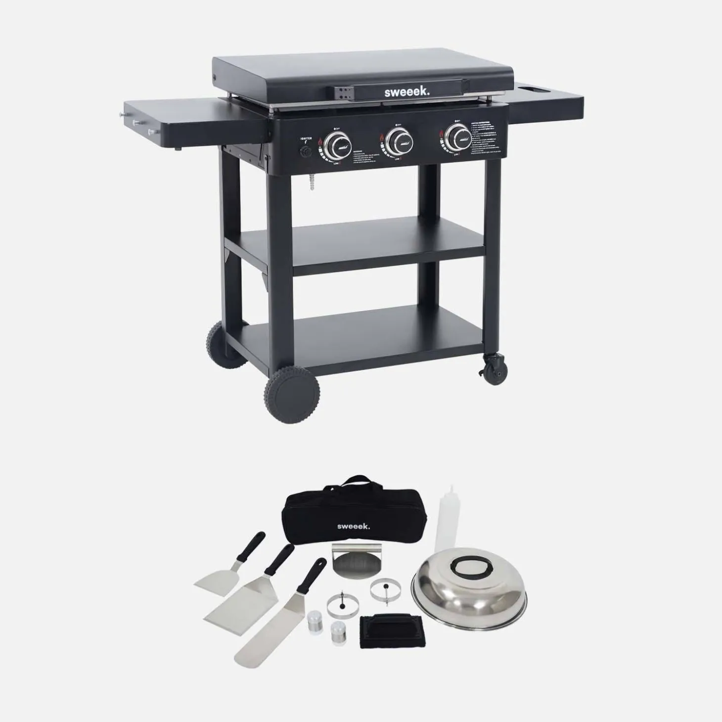 Plancha de gas 3 quemadores acero inoxidable 12kW con carrito y utensilios