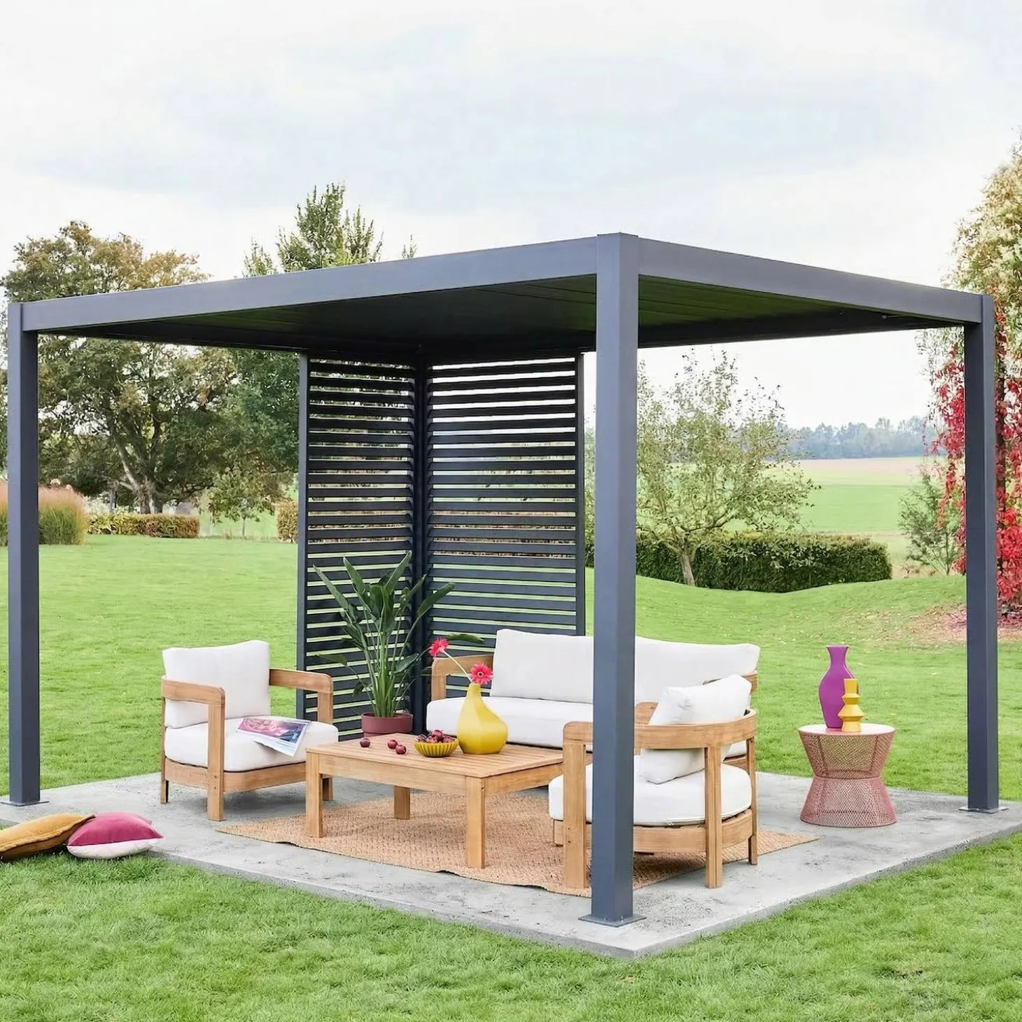 Pérgola bioclimática de aluminio 3x4m + 1 persiana 1m+ 1 persiana 1.3m