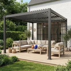 Pérgola bioclimática de aluminio y acero con lamas orientables, 3,6x3,6m