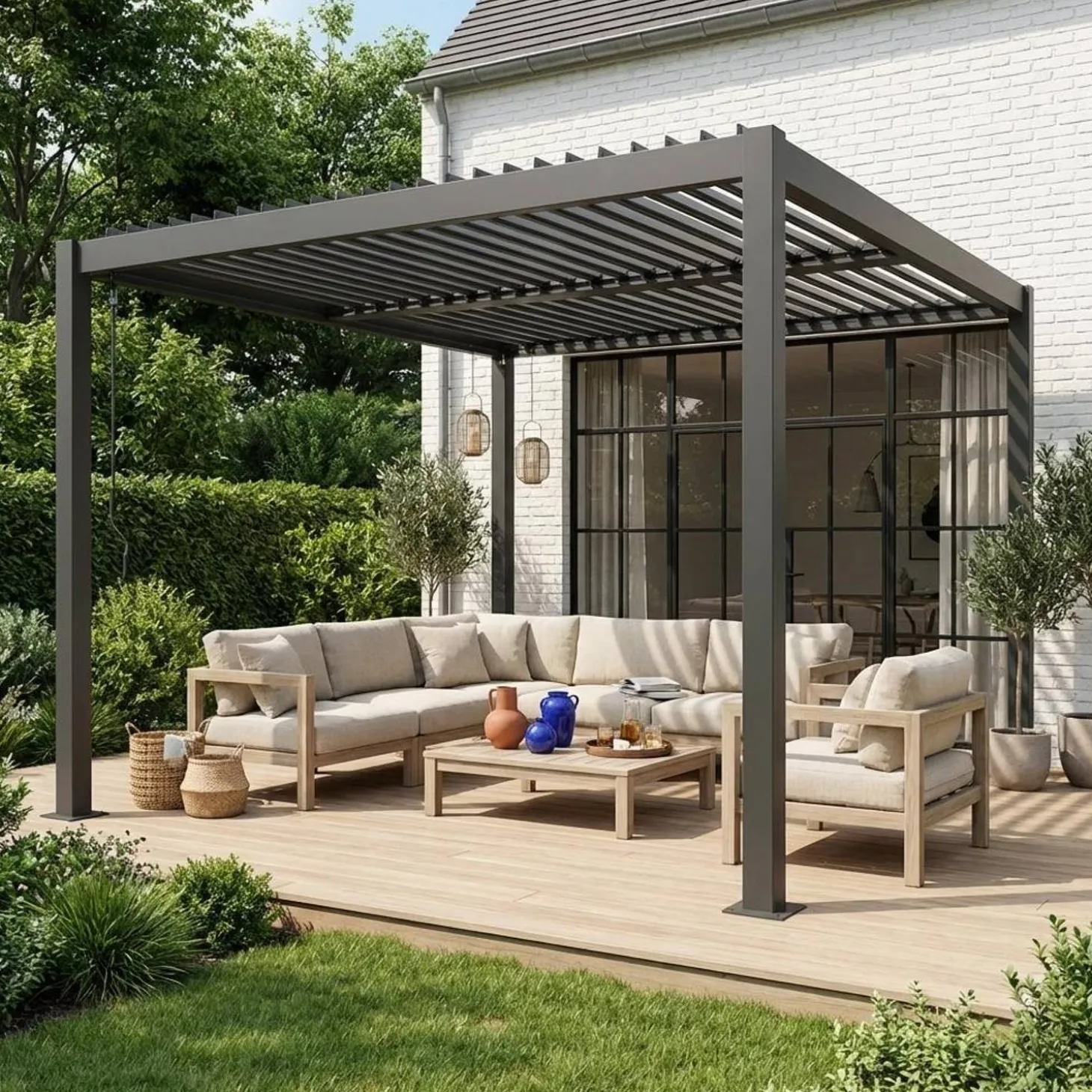 Pérgola bioclimática de aluminio y acero con lamas orientables, 3,6x3,6m