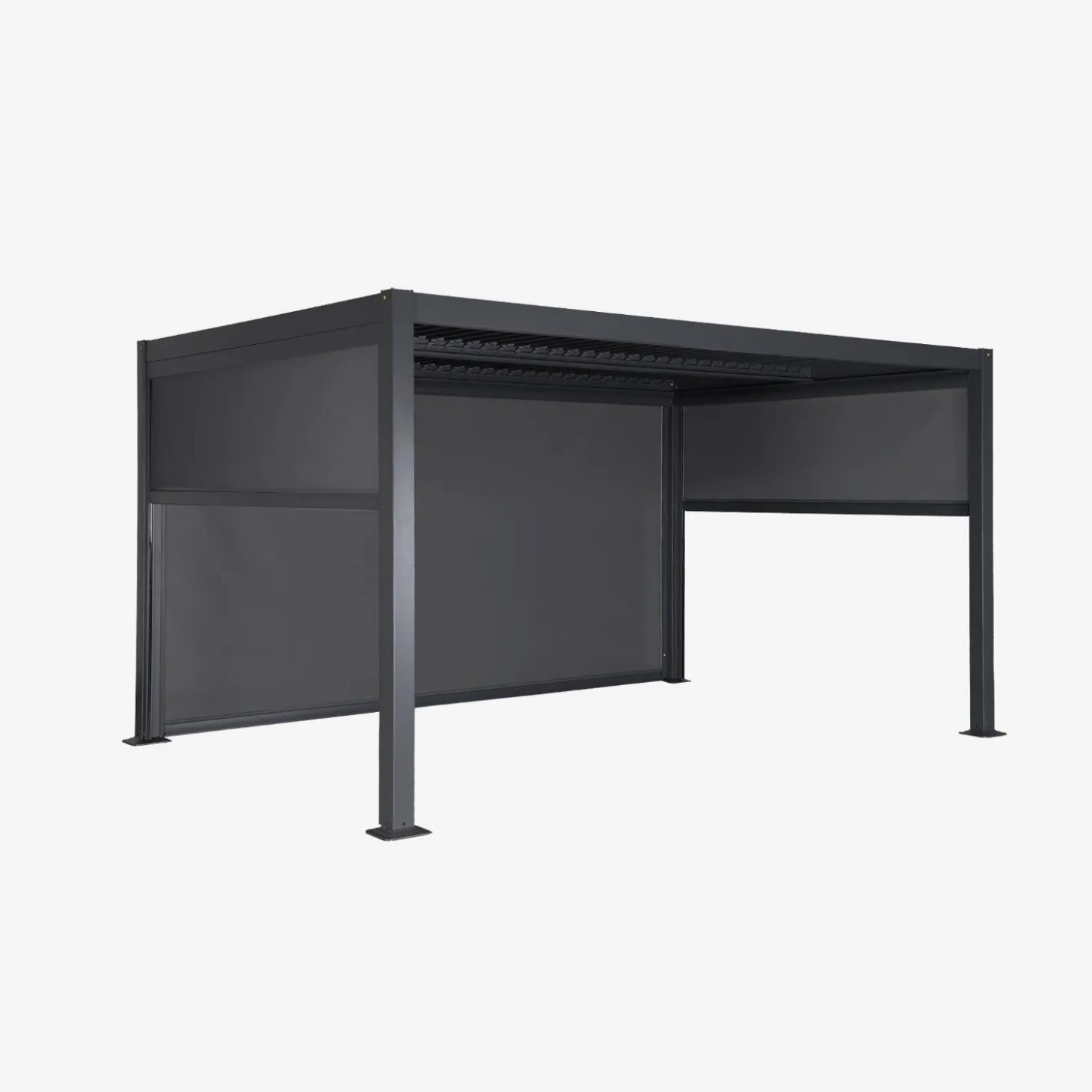 Pérgola bioclimática de aluminio y acero, 3x4m con 2 toldos 3m + 1 toldo 4m