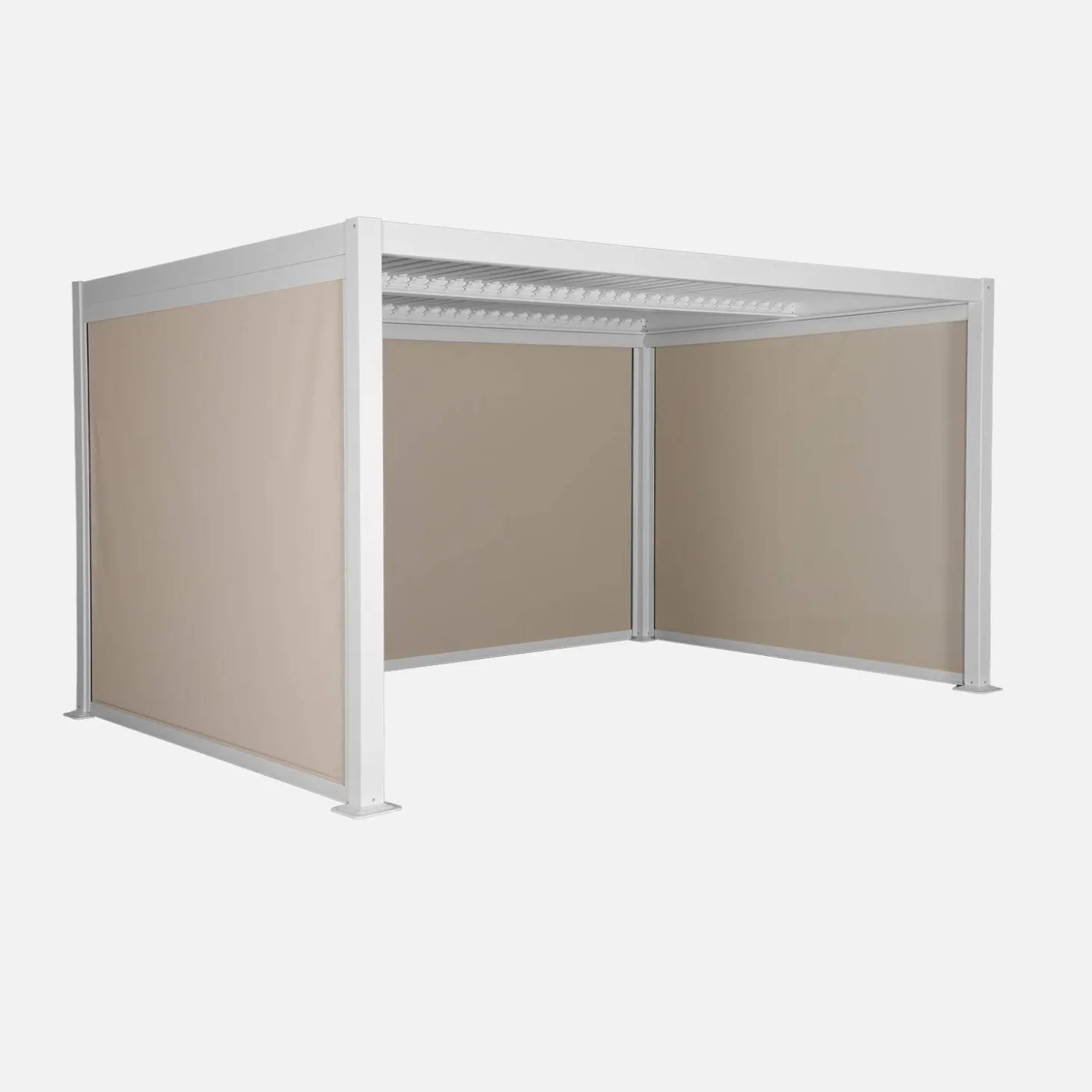 Pérgola bioclimática de aluminio y acero, 3x4m con 2 toldos 3m + 1 toldo 4m