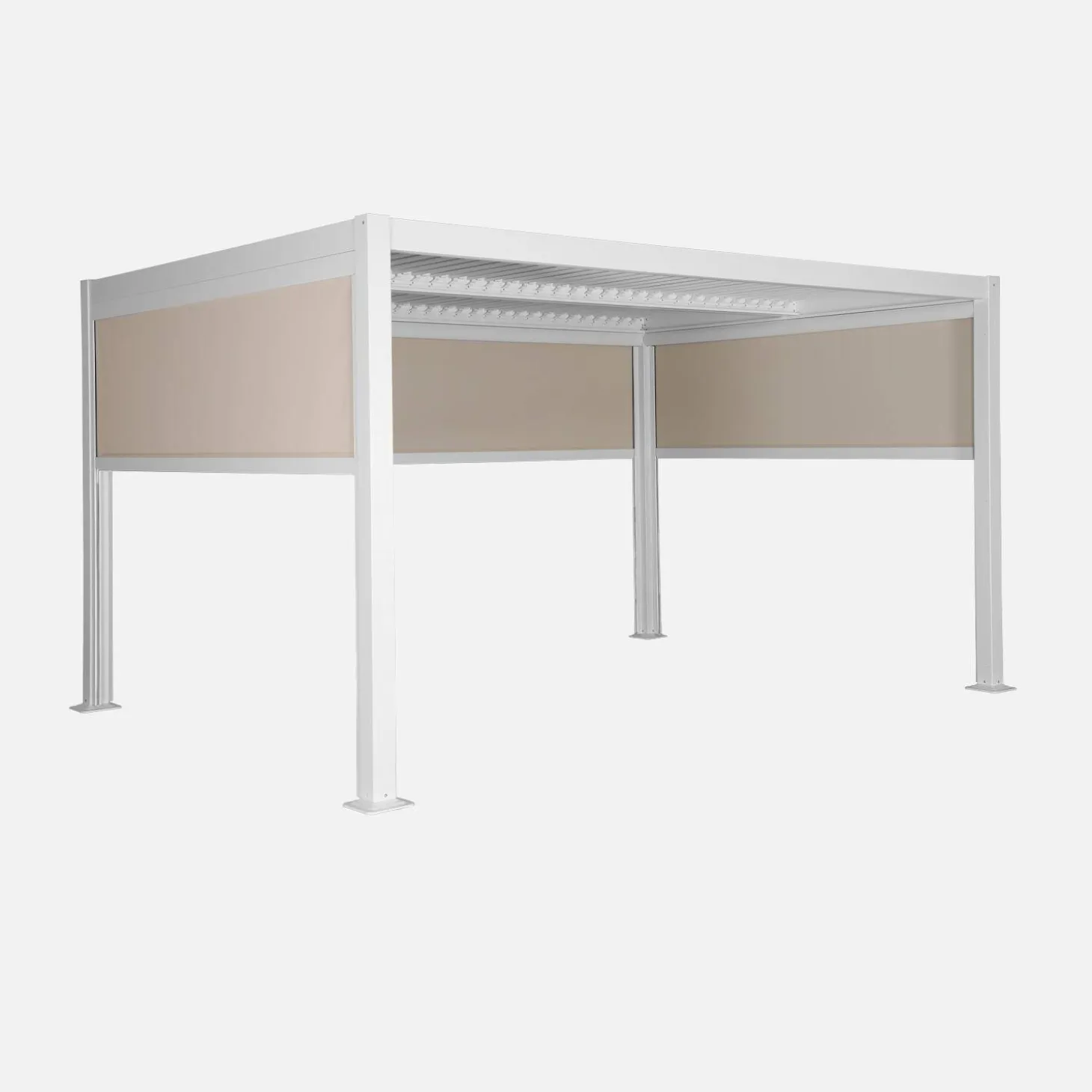 Pérgola bioclimática de aluminio y acero, 3x4m con 2 toldos 3m + 1 toldo 4m