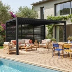 Pérgola bioclimática de aluminio y acero 3x4m + 3 persianas 1.3m