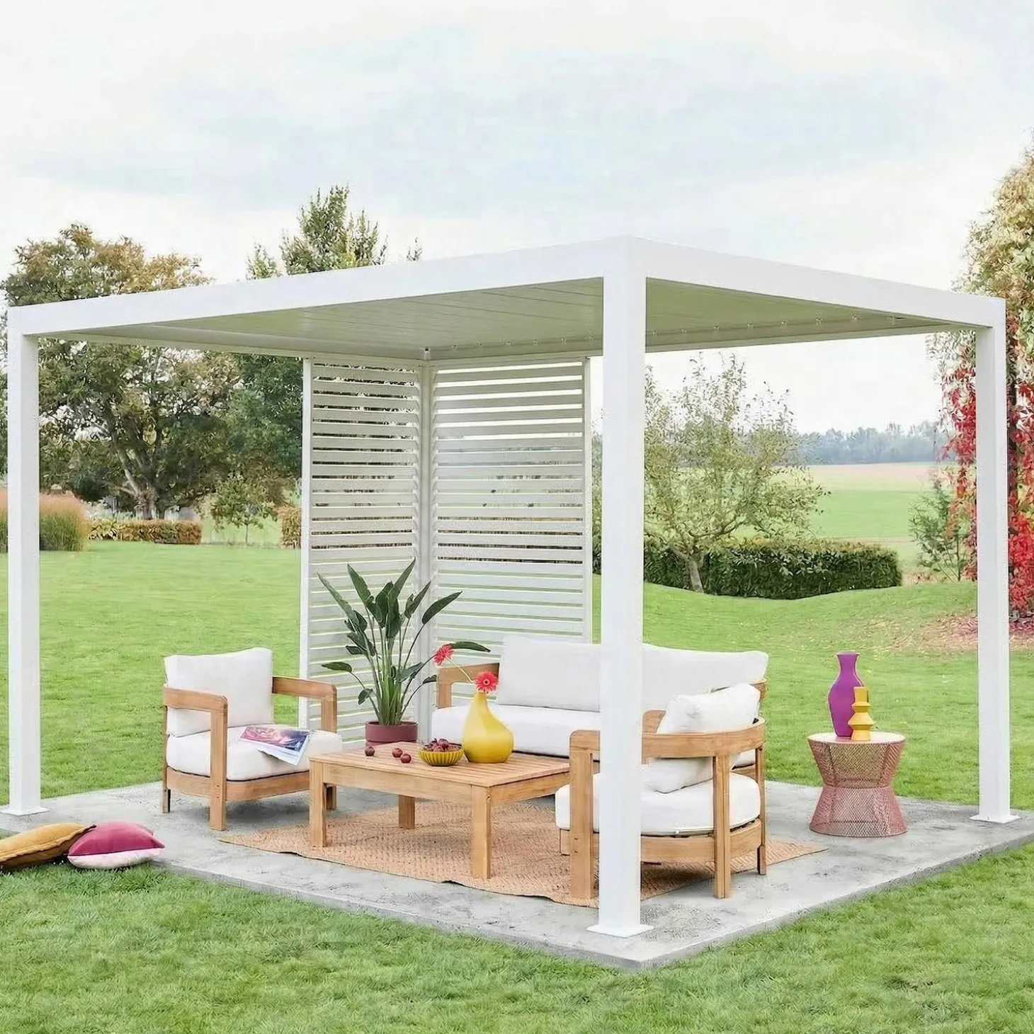 Pérgola bioclimática de aluminio 3x4m + 1 persiana 1m+ 1 persiana 1.3m