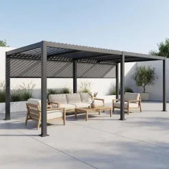 Pérgola bioclimática de aluminio y acero 3x6m con 2 toldos de 3m